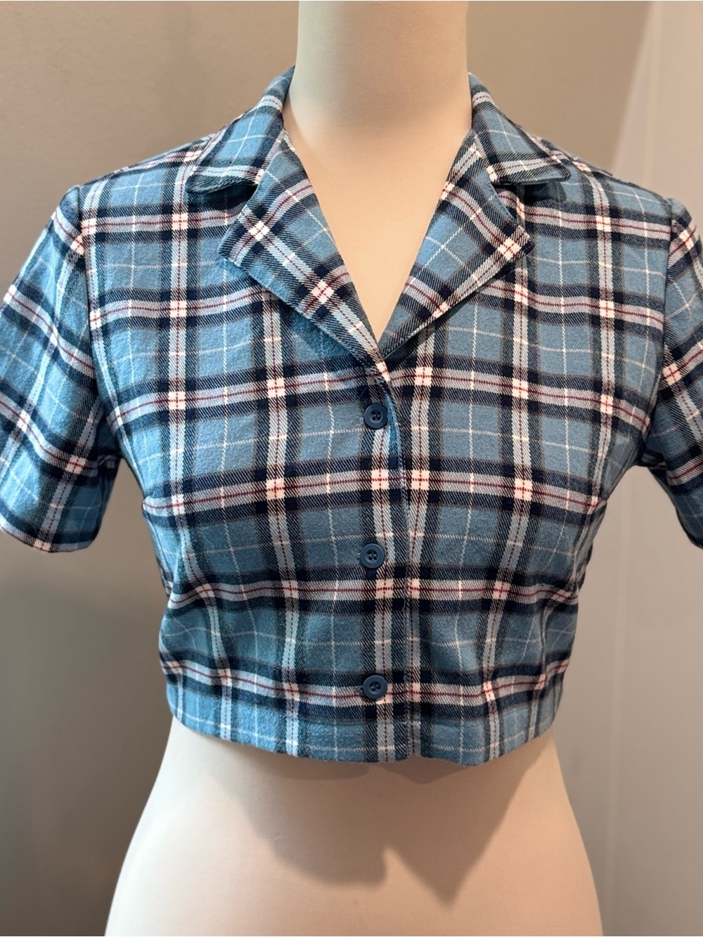 J.Galt Blue Plaid Crop Button-Up Top | Notch Collar & Short Sleeve | Size Small